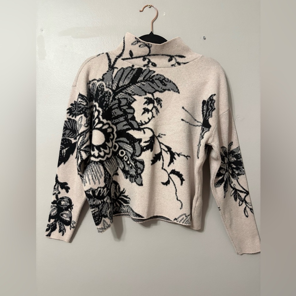 Anthropologie Black and Cream Floral Turtleneck Sweater - Picture 2 of 6